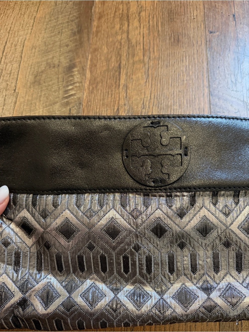 Tory Burch Black Leather-Trim Geometric Jacquard Pouch